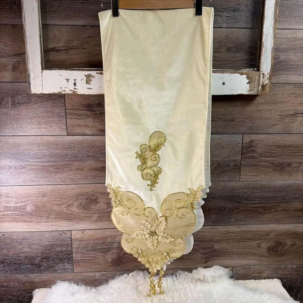 Vintage Holiday Table Runner Cream Gold 72” x 14” Holly Mistletoe Beaded Velvet